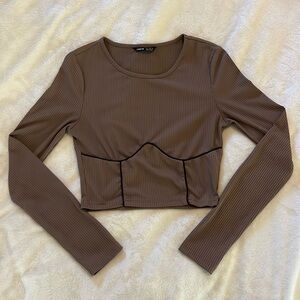 Women’s Size S Brown, Ribbed Long Sleeve Crop Top with Corset Style Stitching